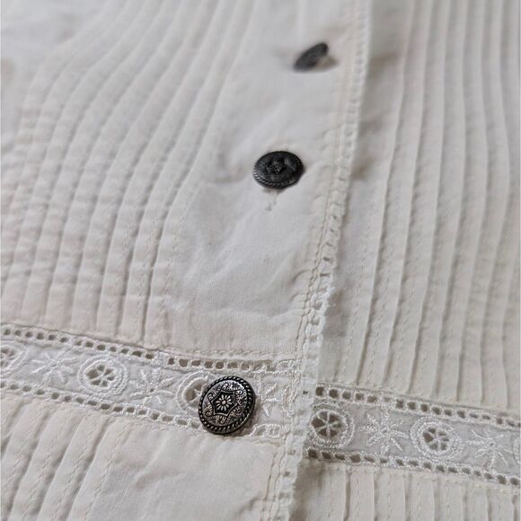 Vintage Lace Button Up Blouse Women's Petite Large Cream Tied Fitted Bohemian - Picture 4 of 8